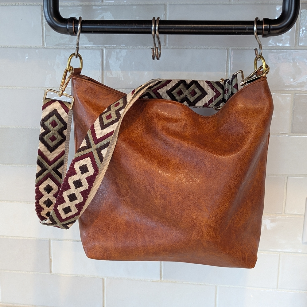 Brown Leather Shoulder Bag with Patterned Strap